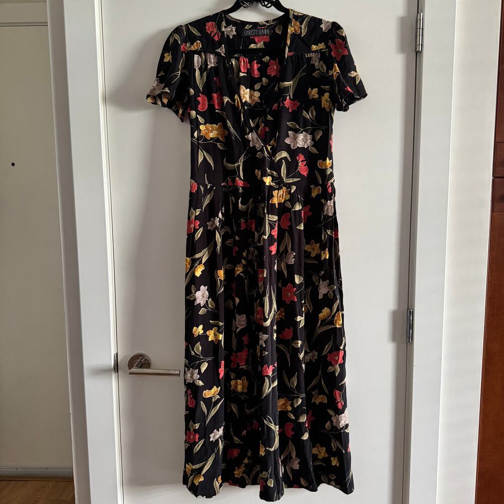 Christy Dawn Floral Midi Dress Black Deep V-Neck Short Sleeve Pullover Sz XL